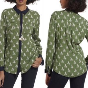Anthro Maeve Bagatelle Bicycle Button Down Top Green Navy White Tricycle Sz 12
